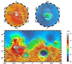 Topografie Marsu. Modrá by měla znamenat dávný oceán. Kredit: NASA / JPL-Caltech / GSFC.