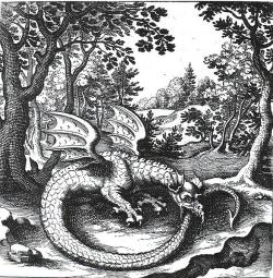 Ouroboros jako alchymistický symbol rtuti. Kredit: Lucas Jennis (1625), Wikimedia Commons.