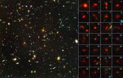 C'est la couleur rouge qui est un indicateur pour la recherche des galaxies les plus lointaines à l'aide du télescope Hubble dans le cadre du programme Hubble Ultra Deep Field (source : NASA).