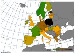 Produkce oxidu uhličitého v  elektroenergetice v Evropě v podzimní době, kdy fouká spíše méně, ukazuje, jaká je situace u různých evropských států. Čím zelenější, tím menší produkce oxidu uhličitého na jednotku vyrobené elektřiny. Čím tmavší hnědá až černá, tím je produkce vyšší. (Zdroj https://electricitymap.tmrow.co/)