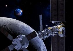 Vesmírná stanice Gateway u Měsíce v době příletu lodi Orion (ESA).