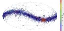 Grafická verze záznamu měření 50 000 asteroidů (povětšinou) hlavního pásu. Barevně je zvýrazněna přesnost  jednotlivých měření pro každý z nich, tzn. rozdíl mezi předpokládanou a naměřenou polohou. Modře jsou označeny  výsledky s největší shodou mezi předpoklady a naměřenými hodnotami, zeleně ty méně přesné a červeně objekty vykazující nejmenší shodu mezi záznamy z minulosti a posledním měřením sondy.  Kredit: ESA/Gaia/DPAC/CU4, L. Galluccio, F. Mignard, P. Tanga (Observatoire de la Côte d'Azur)