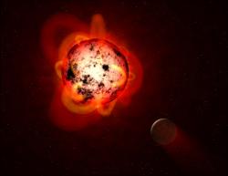 Hypotetická exoplaneta obíhající okolo velmi aktivního červeného trpaslíka v  představě umělce (zdroj NASA/ESA/G. Bacon (STSCI)).