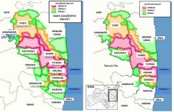 Srovnání situace po rozdělení kontaminovaných území do tří kategorii v srpnu 2013 a situace, která nastane po úplném zrušení omezení ve městě Naraha. V roce 2013 bylo v zóně celkově nebo částečně jedenáct samosprávných celků. Do současnosti se úplně otevřely Tamura a Kawauči. V Kawauči byla část území v druhé kategorii, která se přesunula do kategorie první a začne se na úplné otevření připravovat. Nyní se připravuje úplné zrušení všech omezení u města Naraha.