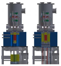 Schéma prototypu reaktoru Kilopower při experimentu KRUSTY. Žlutě je označen beryliový reflektor neutronů, kterým lze ovládat výkon reaktoru. Vlevo je mimo aktivní zónu při vypnutí reaktoru, vpravo pak zasunut okolo aktivní zóny a při testech jeho plného výkonu s využitím řídící tyče k regulaci. (Zdroj: M A. Gibson et al, Report NASA)