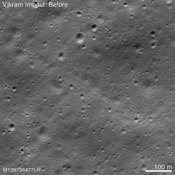 Ukázka oblasti Měsíce dopadu modulu Vikram před a po dopadu (zdroj NASA/GSFC/Arizona State University).