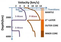 Rychlosti šíření seismických vln Zemí. Kredit: Brews ohare / Wikimedia Commons.