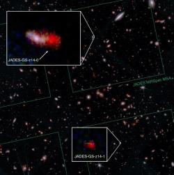Pohled do vzdáleného vesmíru v souhvězdí Pece a v detailu pak dvě ze tří nejvzdálenějších známých galaxií: JADES-GS-z14-0 a JADES-GS-z14-1.
Zdroj: https://bigthink.com/