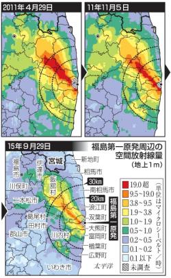 Kontaminace zasažených území. Zobrazen je dávkový příkon jeden metr nad zemí v mikrosievertech za hodinu. Nahoře vlevo je situace těsně po havárii 29. dubna 2011. Vpravo pak po sedmi měsících 5. listopadu 2011 a dole situace 29. září 2015. (Zdroj NRA).