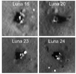 Ukázky vybraných nejlepších fotografií přistávacích modulů jednotlivých Lun získaných pomocí družice Měsíce LRO (zdroj M. S. Robinson et al.).