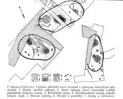 Situační plán paleolitických chýší s ohništi na tábořišti lovců mamutů na Landeku podle B. Klímy (B. Klíma, Pravěcí lovci na Ostravsku, 1966).