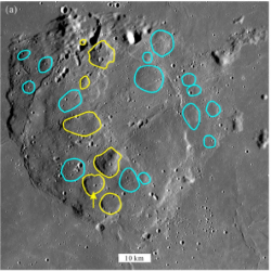 Lávové dómy v oblasti Mons Rümker (zdroj: Y. Q. Qian et al./AGU100).