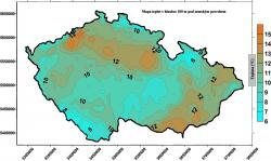 Mapa teploty v hloubce 100 m pod povrchem České republiky (zdroj P. Dědeček a kol., 2007).