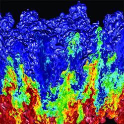 Simulace Rayleigh-Taylorových hydrodynamických nestabilit realizované pomocí superpočítače BlueGene/L v laboratoři LLNL (zdroj LLNL).