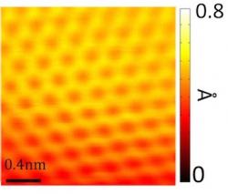 Monokrystal grafenu vytvořený na plátku mědi. Obrázek byl pořízen tunelovým elektronovým mikroskopem.  (Kredit: Caltech Office of Strategic Communications / Nature Communications)