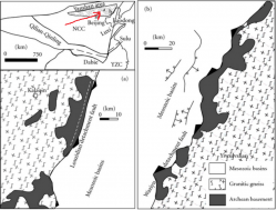 Geologická mapa oblasti Yanshan. Sedimenty v nichž se artefakty považované za fosilie pradávného života nacházejí, dosahují hloubky desítek metrů.