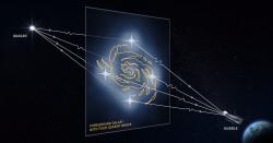 Čočkování vzdáleného kvasaru bližší galaxií. Kredit: NASA, ESA and D. Player (STScI).