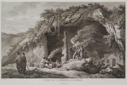 Vchod do jeskyně, rytina snad z roku 1782, vydaná tiskem v Paříži roku 1809. Kredit: Gts-tg, Wikimedia Commons. Public domain.