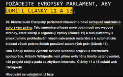 Připojujeme se k apelu české Wikipedie. Zamýšlená legislativa EU by se výrazně dotkla i těchto stránek.