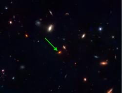 Nemožná galaxie ZF-UDS-7329. Kredit: James Webb Space Telescope.