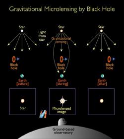 Intenzivní gravitační pole černé díry působí jako silná čočka, která zkresluje a zjasňuje obraz hvězdy v pozadí. Gravitační čočka rozmazává obraz hvězdy do dvou obrazů ve tvaru banánu s celkovou plochou několikanásobně větší, než má původní hvězdný disk. Ačkoli obrázek znázorňuje úhlovou vzdálenost, je stokrát menší, než jakou je schopen rozlišit Hubbleův teleskop nebo pozemní dalekohledy, které vícenásobné obrazy „nevidí“. Jak černá díra putuje v popředí, pozorovatelé zaregistrují jenom zjasnění vzdálenější hvězdy.Kredit:   NASA/ESA  https://esahubble.org/images/opo0003e/