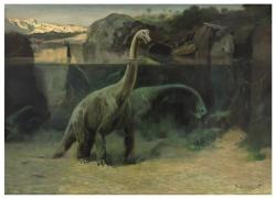 Obraz „ponořených“ brachiosaurů (dnes druh Giraffatitan brancai) z roku 1941 patří už po desetiletí k nejznámějším a nejobdivovanějším Burianovým dílům. Ačkoliv z hlediska dnešního stavu znalostí tato scenérie neobstojí, zachovává si přesto svoji podmanivou atmosféru. Kredit: Albatros Media; Zdeněk Burian (1941)