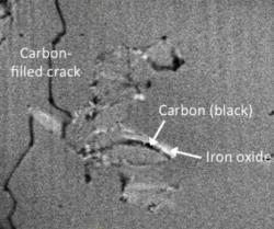 Z tohoto snímku je patrné, že uhlík, kterým nyní operují Američané jako důkazem existence mikrofosilií,  je hojně přítomen v prasklinách i mimo vlastní struktury fylosilikátů. To, že Schopf u tohoto uhlíku prokázal jeho organický původ, není podporou pro jeho tvrzení, že to co se na výbrusech horniny tváří jako shluky buněk, že jimi také před miliardami let byly a že tyto struktury dnes můžeme označit za mikrofosilie. Anorganické krystaly fylosilikátů nemohou být a nejsou zbytky po mikrobech, a proto údajné mikrofosilie jsou ve skutečnosti jen pseudofosiliemi. Kredit: Wacey, UWA.