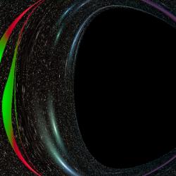 Vizualizace pro pozorovatele mezi černou dírou a akrečním diskem. Kredit: Michal Staněk & Pavel Bakala.