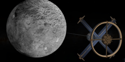 Orbitální výtah na trpasličí planetě Ceres. Kredit: Wikideas1, Wikimedia Commons.