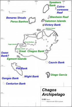 Mapa souostroví Čagos v Indickém oceánu. Kredit: Wikipedia, NOAA, adapted Ratzer.