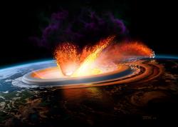 Představa o drastickém účinku dopadu asteroidu Chicxulub před 66 miliony let. Dosud nevíme, odkud přesně pocházel, ani jak velkou cestu k naší planetě musel urazit. Jisté je, že své putování zakončil jižně od pobřeží tehdejší Laramidie. Kredit: John E. Kaufmann