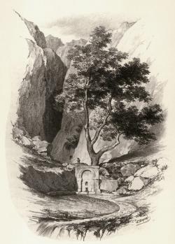 Kastalský pramen. Grafika z roku 1827, Louis Dupré. Kredit: Wikimedia Commons. Public domain.