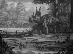 Rekonstrukce přibližné podoby ekosystémů, obývaných diabloceratopsem a jeho současníky. Kromě tří jedinců tohoto rohatého dinosaura můžeme v popředí vidět také neidentifikované menší pachycefalosauridy („tlustolebé“ ptakopánvé dinosaury), jejichž fosilie byly rovněž v sedimentech geologického souvrství Wahweap objeveny. Kredit: ABelov2014; Wikipedie (CC BY-SA 3.0)