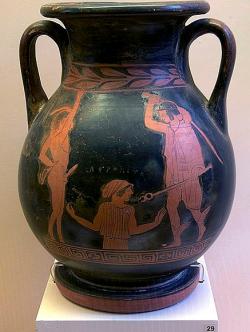 Zrození Afrodíty. Vlevo Pan, vpravo Hermés. Rhodos, 450 až 420 před n. l. Archeologické muzeum na Rhodu. Kredit: Beazley via Wikimedia Commons.