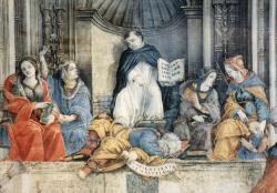 Triumf svatého Tomáše Akvinského nad kacíři, detail. Filippino Lippi, 1489/1491, Santa Maria Sopra Minerva v Římě. Kredit: Web Gallery of Art via Wikimedia Commons.