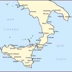 Řecké kolonie na Sicílii (a v jižní Itálii). Kredit: Bukkia, Wikimedia Commons. Public domain.
