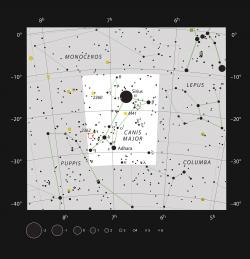 Kde je VY Canis Majoris. Kredit: ESO, IAU and Sky & Telescope.