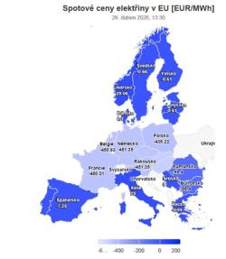 Obr 8) Spotové ceny v různých státech Evropy v době kolem extrému záporných cen 1. května (zdroj Energostat v oEnergetice)