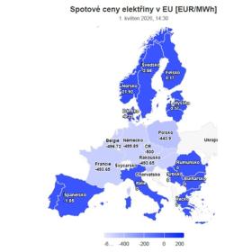 Obr 7) Spotové ceny v různých státech Evropy v době kolem extrému záporných cen 26. dubna (zdroj Energostat v oEnergetice)