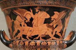 Hypnos Thanatos transportují tělo padlého do Hádu, Hermés (uprostřed) to řídí. 515 před n. l., nyní v Cerite (Cerveteri) u Říma. Kredit: Jaime Ardiles-Arce, Wikipedia.