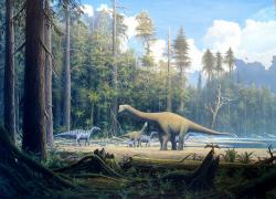 Rekonstrukce životního prostředí druhu Europasaurus holgeri. Tento malý sauropodní dinosaurus byl blízce příbuzný mnohem větším rodům Brachiosaurus nebo Giraffatitan, žijícím zhruba ve stejné době na území Severní Ameriky a Afriky. Představoval pravděpodobně trpasličí ostrovní formu sauropoda, zmenšenou po generacích postupnou adaptací na omezené zdroje potravy a menší životní prostor. Před 154 miliony let obývala populace těchto dlouhokrkých trpaslíků oblast dnešního severozápadního Německa. Kredit: Gerhard Boeggemann; Wikipedie (CC BY-SA 2.5)