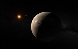 Exoplaneta Proxima Centauri b v uměleckých představách, Systém Alfa Centauri AB je kousek nalevo od Proximy Centauri (zdroj ESO, M. Kornmesser).