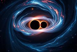 Srážka černých děr v jiném vesmíru. Kredit: SM a Zoner AI.