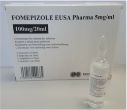 Fomepizol je kompetitivní inhibitor alkoholdehydrogenázy, enzymu, který katalyzuje počáteční fázi metabolismu ethylenglykolu na jeho  toxické metabolity. Účinkuje jako antidotum, podobně jako etanol. Jejich současné použití je kontraindikováno.