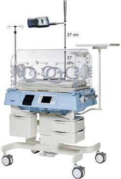 Schema pokusu s umístěním mikrofonů pro měření hladiny uvnitř a vně inkubátoru značky Dräger Isolette 8000. Kredit: Reuter et al., Frontiers in Pediatrics (2023)