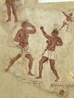 Boxeři. Nástěnná malba z Délu. Kredit: Zde, Wikimedia Commons. Licence CC 4.0.