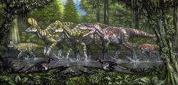 Výjev z ekosystému souvrství Dinosaur Park – skupinka lambeosaurů se snaží uniknout velkému tyranosauridovi druhu Gorgosaurus libratus. V popředí celou 76 milionů let starou loveckou scénu sleduje dvojice oviraptorosaurů. Kredit: ABelov2014; Wikipedia (CC BY 3.0)