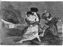 Stařena brání mladou ženu napadenou vojákem. Z cyklu Hrůzy války  (Los Desastres de la Guerra). Autor: Francisco de Goya. Kredit: Arno Schmidt Reference Library, volné dílo.