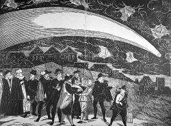 Průlet komety, dřevořezba z roku 1577. Tehdy byly komety znamení blížící se vojny, moru, či jiné pohromy. (Wikipedia, volné dílo)