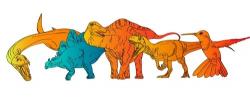 Schematická kresba zachycující živočichy, kteří byli předmětem nového vědeckého výzkumu. Oranžovo-červená barva odpovídá vysoké rychlosti metabolismu a pravděpodobně také „teplokrevnosti“, zatímco modrá barva značí pomalejší metabolismus a nejspíš i „studenokrevnost“. Plazopánví dinosauři a kupodivu i mořští plazi plesiosauři byli tedy nejspíš teplokrevní, zatímco ptakopánví dinosauři měli metabolismus podobnější dnešním studenokrevným plazům. Zleva doprava: Plesiosaurus, Stegosaurus, Diplodocus, Allosaurus, kolibřík kalypta. Kredit: Jasmina Wiemann